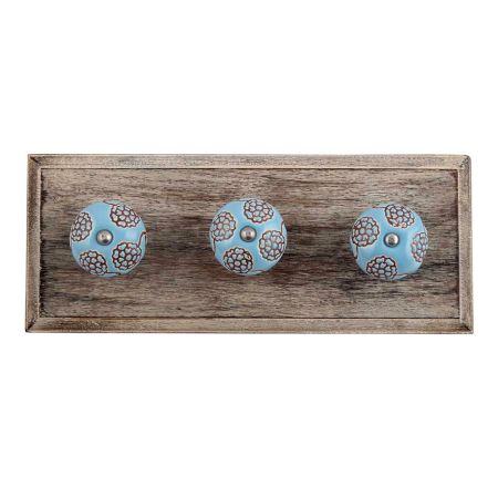 Turquoise Marigold Ceramic Floral Wooden Hooks